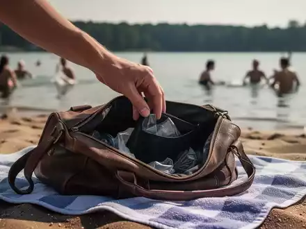 Eine Hand greift in eine offene, unbeaufsichtigte Strandtasche an einem See, während im Hintergrund Menschen baden. - Foto: über boerse-global.de