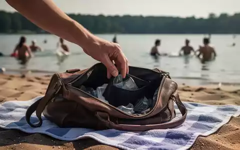 Eine Hand greift in eine offene, unbeaufsichtigte Strandtasche an einem See, während im Hintergrund Menschen baden. - Foto: über boerse-global.de