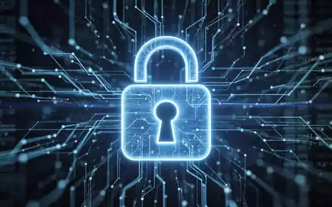 Ein stilisiertes, leuchtend blaues digitales Vorhängeschloss-Symbol über einem unscharfen Hintergrund aus Netzwerklinien und Datenströmen. - Foto: über boerse-global.de
