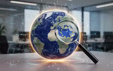 Eine stilisierte Weltkugel mit digitalen Datenpunkten und Linien, ein Vergrößerungsglas über Europa, im Hintergrund ein Büro. - Foto: über boerse-global.de