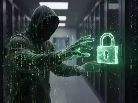 Eine geisterhafte Figur aus grün leuchtendem Binärcode greift nach einem digitalen Schloss in einem dunklen Serverraum. - Foto: über boerse-global.de