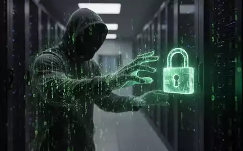 Eine geisterhafte Figur aus grün leuchtendem Binärcode greift nach einem digitalen Schloss in einem dunklen Serverraum. - Foto: über boerse-global.de