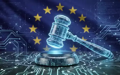 Ein stilisierter, blau leuchtender digitaler Hammer schlägt auf einen Klangblock, umgeben von Datenströmen und Schaltkreisen, vor dem Hintergrund der EU-Flagge. - Foto: über boerse-global.de