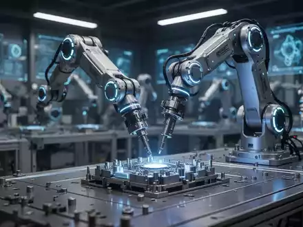 Ein Roboterarm mit blauen Lichtern montiert Präzisionsteile in einer modernen, automatisierten Fabrik. Im Hintergrund weitere Maschinen. - Foto: über boerse-global.de