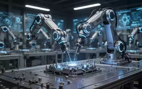 Ein Roboterarm mit blauen Lichtern montiert Präzisionsteile in einer modernen, automatisierten Fabrik. Im Hintergrund weitere Maschinen. - Foto: über boerse-global.de