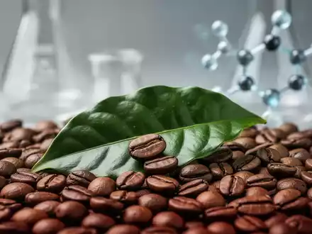 Nahaufnahme von Kaffeebohnen und einem Kaffeeblatt, mit angedeuteten Laborgeräten im unscharfen Hintergrund, die Forschung und Gesundheit symbolisieren. - Foto: über boerse-global.de