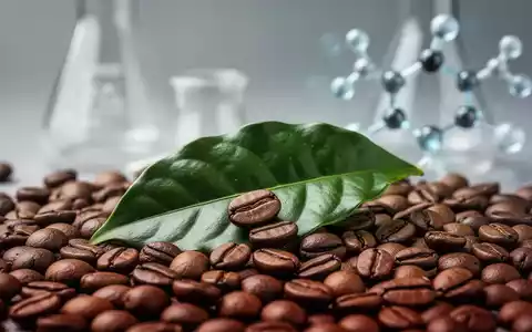 Nahaufnahme von Kaffeebohnen und einem Kaffeeblatt, mit angedeuteten Laborgeräten im unscharfen Hintergrund, die Forschung und Gesundheit symbolisieren. - Foto: über boerse-global.de