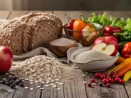 Eine Stillleben-Anordnung von ballaststoffreichen Lebensmitteln wie Vollkornbrot, Hafer, Äpfeln und Gemüse auf einem Holztisch. - Foto: über boerse-global.de