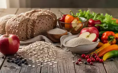 Eine Stillleben-Anordnung von ballaststoffreichen Lebensmitteln wie Vollkornbrot, Hafer, Äpfeln und Gemüse auf einem Holztisch. - Foto: über boerse-global.de