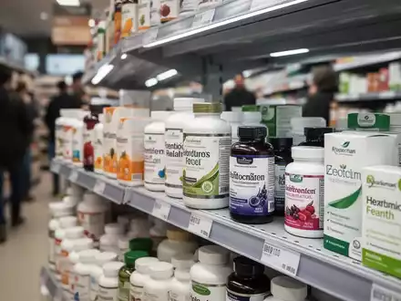 Eine Nahaufnahme von verschiedenen Nahrungsergänzungsmitteln in Flaschen und Verpackungen, die ordentlich in einem Supermarktregal angeordnet sind. - Foto: über boerse-global.de