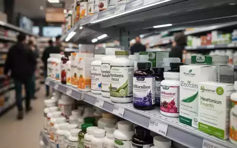 Eine Nahaufnahme von verschiedenen Nahrungsergänzungsmitteln in Flaschen und Verpackungen, die ordentlich in einem Supermarktregal angeordnet sind. - Foto: über boerse-global.de