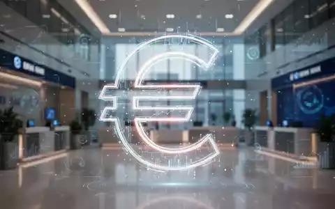 A glowing, stylized digital euro symbol over a blurred modern bank lobby, representing digital banking and financial innovation. - Foto: über boerse-global.de