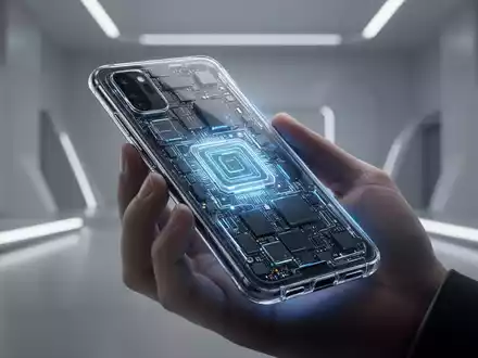 A transparent smartphone, with internal components visible and glowing, held in a hand against a dark, futuristic background. - Foto: über boerse-global.de