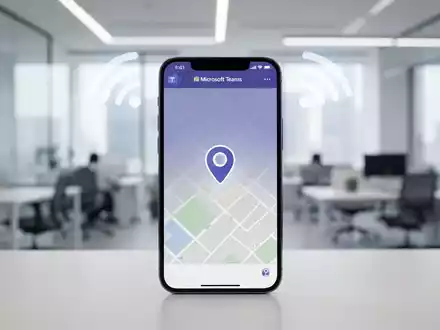 A smartphone showing Microsoft Teams, with location icons, against a blurred office background, symbolizing workplace tracking. - Foto: über boerse-global.de