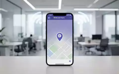A smartphone showing Microsoft Teams, with location icons, against a blurred office background, symbolizing workplace tracking. - Foto: über boerse-global.de