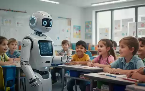 A humanoid robot with a friendly face interacts with children in a classroom, symbolizing AI in educational robotics. - Foto: über boerse-global.de