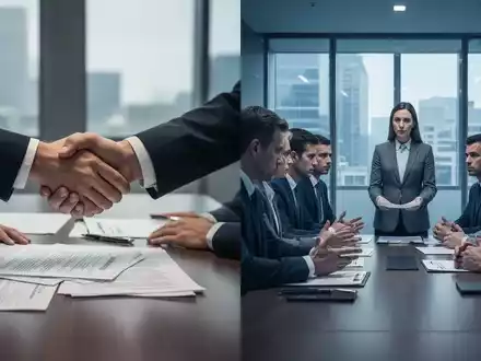 Zwei kontrastierende Szenen: Händedruck über einem Verhandlungstisch und eine Gruppe in ernster Diskussion mit einem Mediator. - Foto: über boerse-global.de