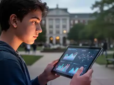 Eine junge Person betrachtet nachdenklich ein Tablet, auf dem Datenvisualisierungen zu sehen sind, im Hintergrund ein Campusgebäude. - Foto: über boerse-global.de