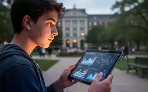 Eine junge Person betrachtet nachdenklich ein Tablet, auf dem Datenvisualisierungen zu sehen sind, im Hintergrund ein Campusgebäude. - Foto: über boerse-global.de