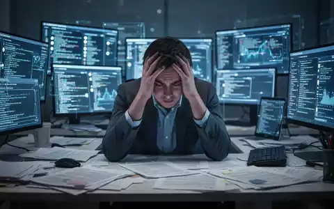 Eine gestresste Person sitzt an einem Schreibtisch, umgeben von digitalen Bildschirmen und Papieren, die Hände am Kopf. - Foto: über boerse-global.de