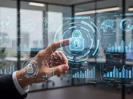 Eine menschliche Hand interagiert mit einer holografischen Oberfläche, die KI-Daten und rechtliche Informationen anzeigt. - Foto: über boerse-global.de