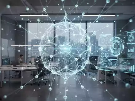 Ein futuristisches, leuchtendes KI-Netzwerk integriert sich nahtlos in ein modernes Büro mit holografischer Datenanzeige. - Foto: über boerse-global.de