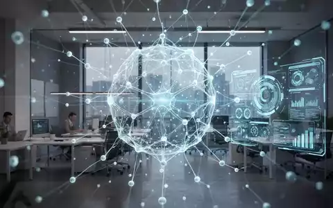 Ein futuristisches, leuchtendes KI-Netzwerk integriert sich nahtlos in ein modernes Büro mit holografischer Datenanzeige. - Foto: über boerse-global.de