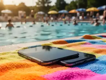 Ein Smartphone liegt unbeaufsichtigt auf einem bunten Handtuch am Rand eines belebten Freibades, im Hintergrund verschwommene Personen. - Foto: über boerse-global.de