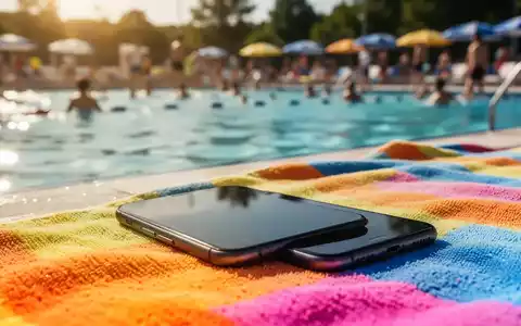 Ein Smartphone liegt unbeaufsichtigt auf einem bunten Handtuch am Rand eines belebten Freibades, im Hintergrund verschwommene Personen. - Foto: über boerse-global.de