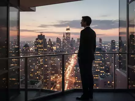 Eine Person steht auf einem modernen Bürobalkon und blickt bei Sonnenuntergang auf eine geschäftige Stadt, die nachdenklich wirkt. - Foto: über boerse-global.de
