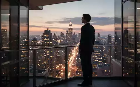 Eine Person steht auf einem modernen Bürobalkon und blickt bei Sonnenuntergang auf eine geschäftige Stadt, die nachdenklich wirkt. - Foto: über boerse-global.de