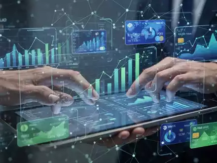 A stylized digital interface showing financial data, charts, and virtual cards, representing digital banking services for businesses. - Foto: über boerse-global.de