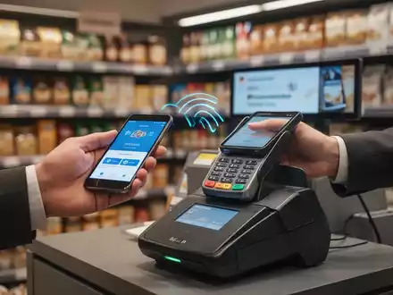 A hand holding a smartphone making a contactless payment at a modern point-of-sale terminal in a German retail store. - Foto: über boerse-global.de