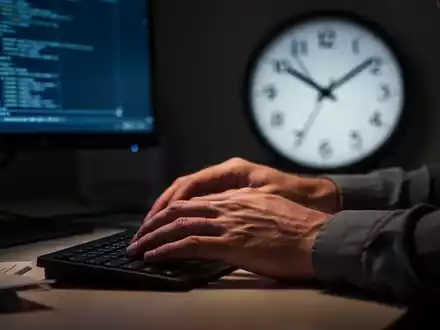 Müde Hände ruhen auf einem Schreibtisch, beleuchtet von einem Computerbildschirm, im Hintergrund eine verschwommene Uhr. Symbolisiert lange Arbeitszeiten. - Foto: über boerse-global.de