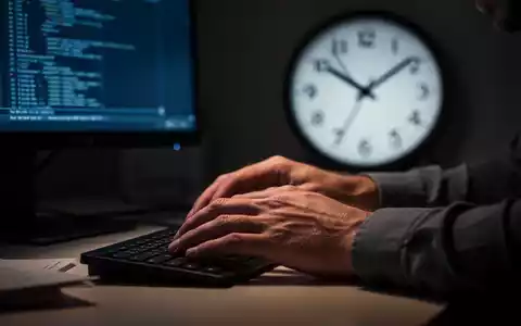 Müde Hände ruhen auf einem Schreibtisch, beleuchtet von einem Computerbildschirm, im Hintergrund eine verschwommene Uhr. Symbolisiert lange Arbeitszeiten. - Foto: über boerse-global.de