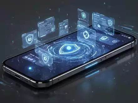 A modern smartphone displaying a secure, multi-window interface with a prominent blue privacy indicator, representing Android 17's security features. - Foto: über boerse-global.de