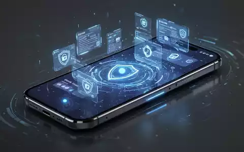 A modern smartphone displaying a secure, multi-window interface with a prominent blue privacy indicator, representing Android 17's security features. - Foto: über boerse-global.de