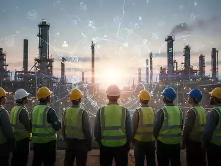 Industrielandschaft im Sonnenuntergang mit stilisierten digitalen Elementen und einer Gruppe von Fabrikarbeitern. - Foto: über boerse-global.de