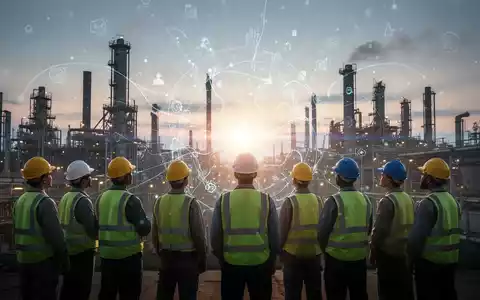 Industrielandschaft im Sonnenuntergang mit stilisierten digitalen Elementen und einer Gruppe von Fabrikarbeitern. - Foto: über boerse-global.de