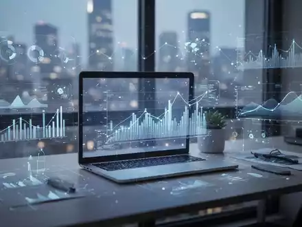 Ein stilisiertes Homeoffice mit Laptop, umgeben von digitalen Datenvisualisierungen und einer verschwommenen Stadtlandschaft, die Remote-Arbeit darstellt. - Foto: über boerse-global.de