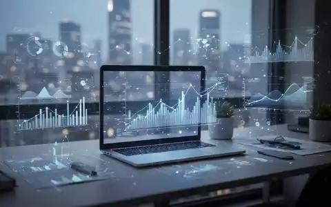 Ein stilisiertes Homeoffice mit Laptop, umgeben von digitalen Datenvisualisierungen und einer verschwommenen Stadtlandschaft, die Remote-Arbeit darstellt. - Foto: über boerse-global.de