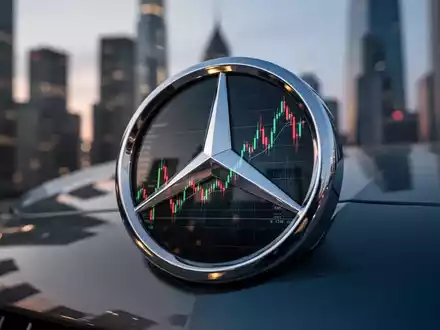 Nahaufnahme eines Mercedes-Benz-Emblems, das einen fallenden Börsenchart widerspiegelt, mit einer verschwommenen Stadtlandschaft im Hintergrund. - Foto: über boerse-global.de