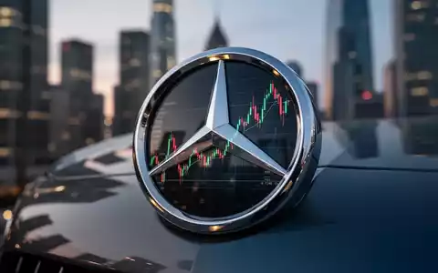 Nahaufnahme eines Mercedes-Benz-Emblems, das einen fallenden Börsenchart widerspiegelt, mit einer verschwommenen Stadtlandschaft im Hintergrund. - Foto: über boerse-global.de