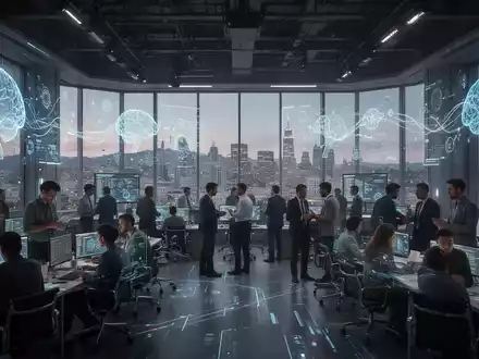 A futuristic conference hall with digital AI projections and diverse developers. San Francisco skyline in the background. - Foto: über boerse-global.de