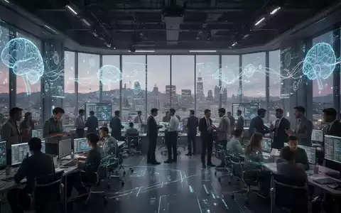 A futuristic conference hall with digital AI projections and diverse developers. San Francisco skyline in the background. - Foto: über boerse-global.de