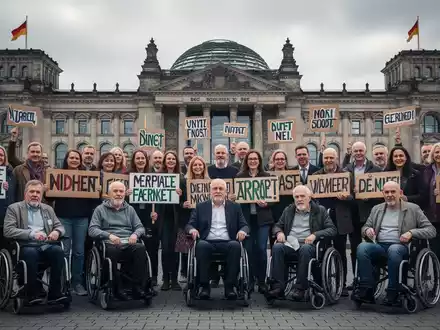 Menschen mit Behinderungen und ihre Fürsprecher demonstrieren vor dem Reichstagsgebäude in Berlin, halten Schilder. - Foto: über boerse-global.de