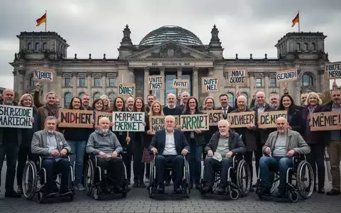 Menschen mit Behinderungen und ihre Fürsprecher demonstrieren vor dem Reichstagsgebäude in Berlin, halten Schilder. - Foto: über boerse-global.de