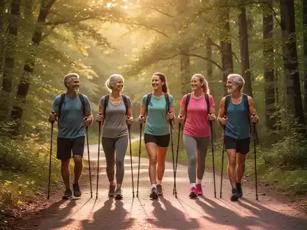 Eine Gruppe von Menschen praktiziert Nordic Walking auf einem Waldweg, umgeben von grünen Bäumen und Sonnenlicht. - Foto: über boerse-global.de