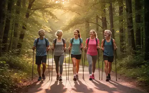 Eine Gruppe von Menschen praktiziert Nordic Walking auf einem Waldweg, umgeben von grünen Bäumen und Sonnenlicht. - Foto: über boerse-global.de
