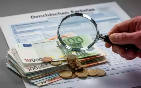 Eine Hand hält eine Lupe über Euro-Banknoten und Münzen; im Hintergrund ein unscharfes deutsches Steuerformular. - Foto: über boerse-global.de